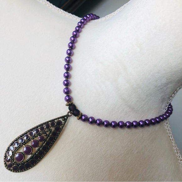 Handcrafted repurpose purple enamel raindrop pendant Czech glass Pearl necklace